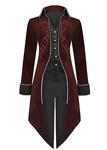 Sangdut Herren Mittelalter Steampunk Frack Jacke Männlich Viktorianische Renaissance Gothic Retro Vintage Stickerei Mantel Halloween Party Cosplay Piraten Vampir Gentleman Kostüme für Erwachsene, rot von Sangdut