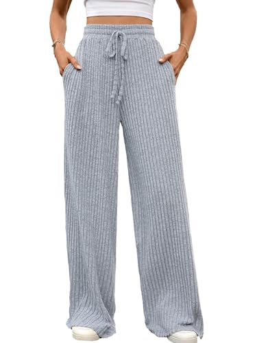 Sangdut Rippenstrick Hosen Damen, Palazzo Lounge Hose Herbst Weites Bein Hohe Taille Freizeithose Einfarbig Stoffhose mit Taschen (XXL, Graublau) von Sangdut