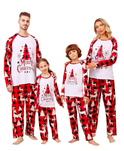 Weihnachtspyjama Familie Set Langarm Zweiteiler Outfit Herren Damen Jungen Christmas Weihnachtsbaum Muster Hausanzug (Rot,Herren,XL) von Sangdut