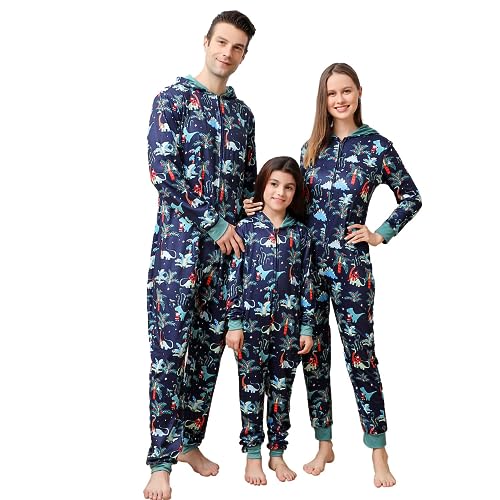Sangdut Weihnachtspyjama, Familien-Set, Einteiler, Pyjama, Kapuzenanzug, Nachtwäsche für Damen, Herren, Baby-Paare, Blauer Dinosour-Männchen, XL von Sangdut