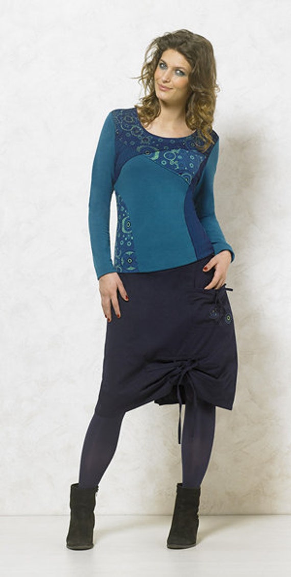 Ballonrock Ethno Blau Leicht Gefüttert Herbst Winter Frühling Mit Tasche Raffung Boho Chic Damen S 34 von SangmoLa