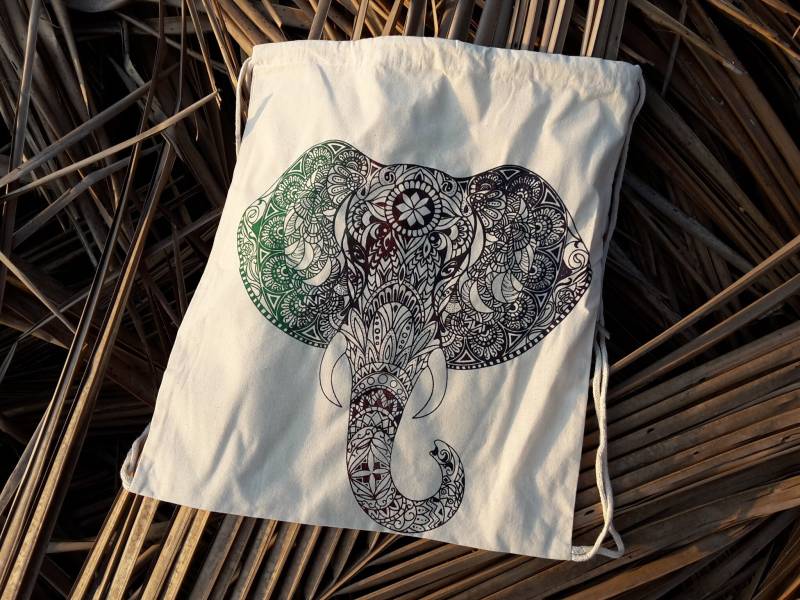 Beutel Rucksack Heilige Geometrie Psy Goa Ethno Symbol Mandala Ganesh Naturfarben Bunt Bedruckt von SangmoLa