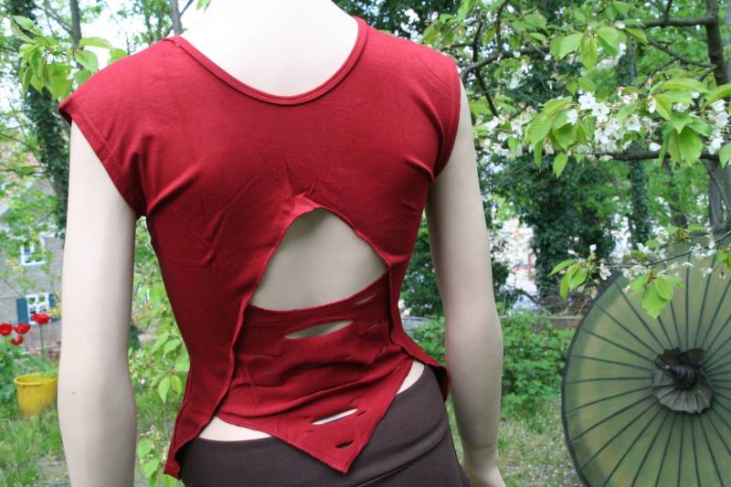 Cutout Zipfel Shirt Top Psy Goa Gipsy Boho Ethno Baumwolle Gr. S M Rot Dunkelrot Schwarz Offwhite Olive Petrol Zipfeltop von SangmoLa