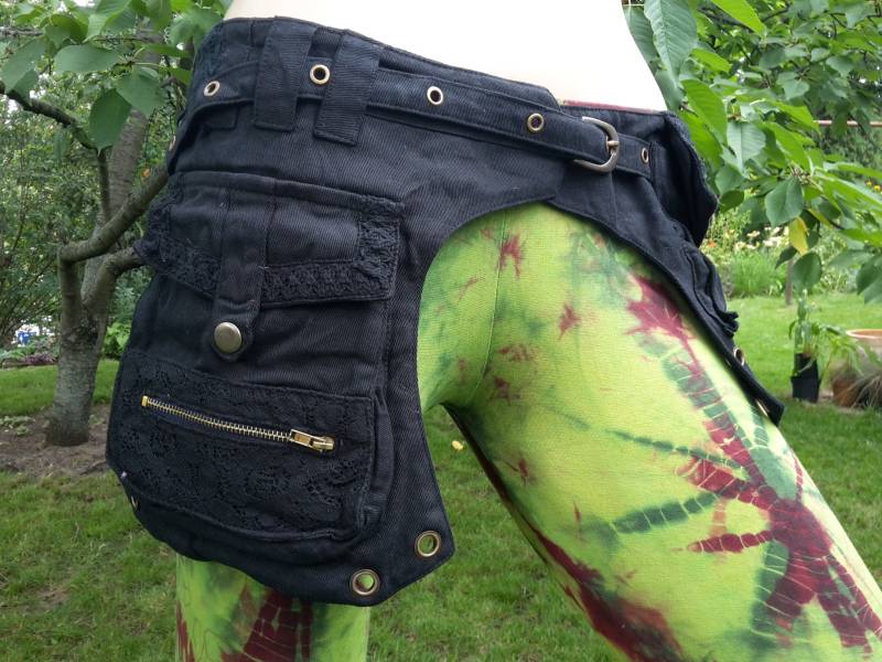 Gürteltasche Psy Goa Mit Spitze Taschengürtel Festival Cacheur Schnürung Hippie Gipsy Ethno Boho Schwarz Natur Braun Grün Desert von SangmoLa