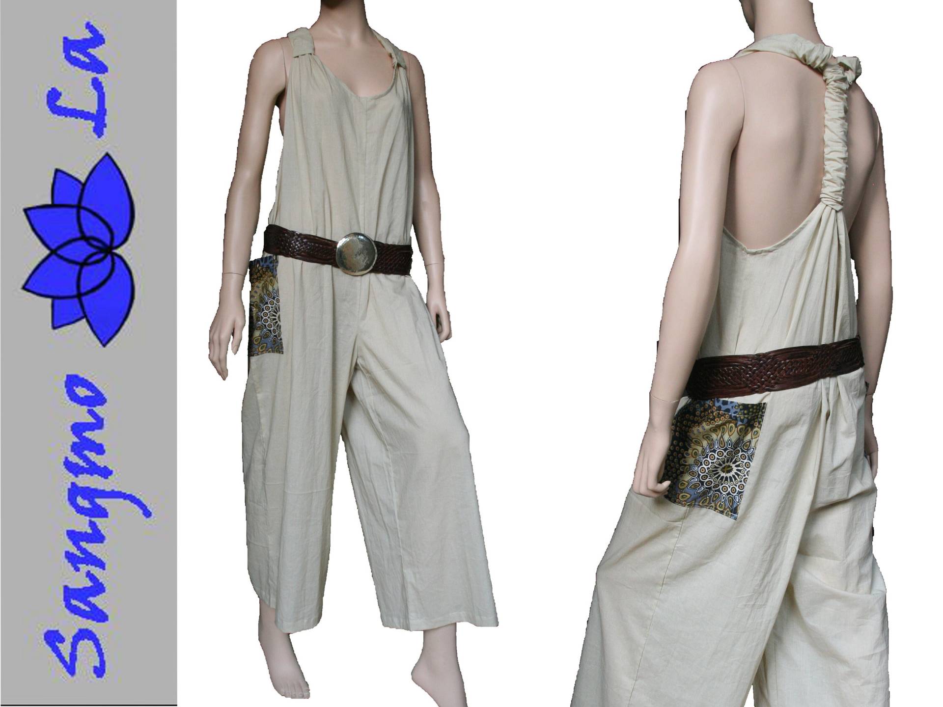 Jumpsuit Overall Freesize Mit Gemusterten Taschen Ethno Boho Psy Goa Festival Weit Bequem 36-42 Natur Petrol Damen von SangmoLa
