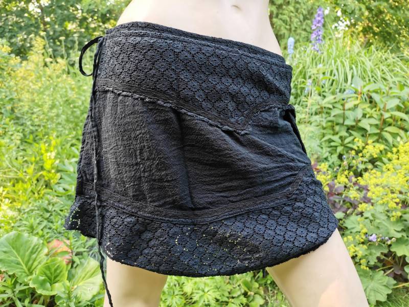 Minirock Zipfelrock Wickelrock Hüftrock Cacheur Fairy Psy Goa Gipsy Pixie Nomad Braun Grün Vintage Schwarz Kurz Mini Rock Festival Baumwolle von SangmoLa