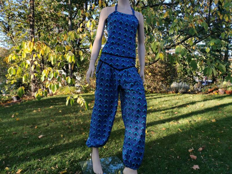 Overall Jumpsuit Ethno Freesize 36 - 40 Gipsy Psy Goa Neckholder Pumphose Sommer Lila Flieder Blau von SangmoLa
