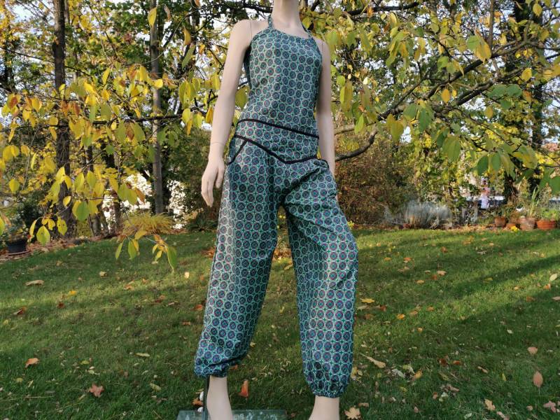 Overall Jumpsuit Ethno Freesize 36 - 40 Gipsy Psy Goa Neckholder Pumphose Sommer Petrol Bunt von SangmoLa
