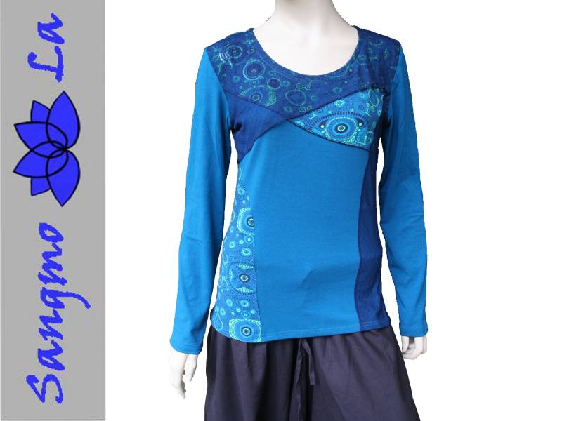 Shirt Langarm Top Psy Ethnomuster Petrol Xl 3Xl Ethno Boho Ethnoshirt Longsleeve Langärmelig Damen Yoga Herbst Winter 42 46 von SangmoLa