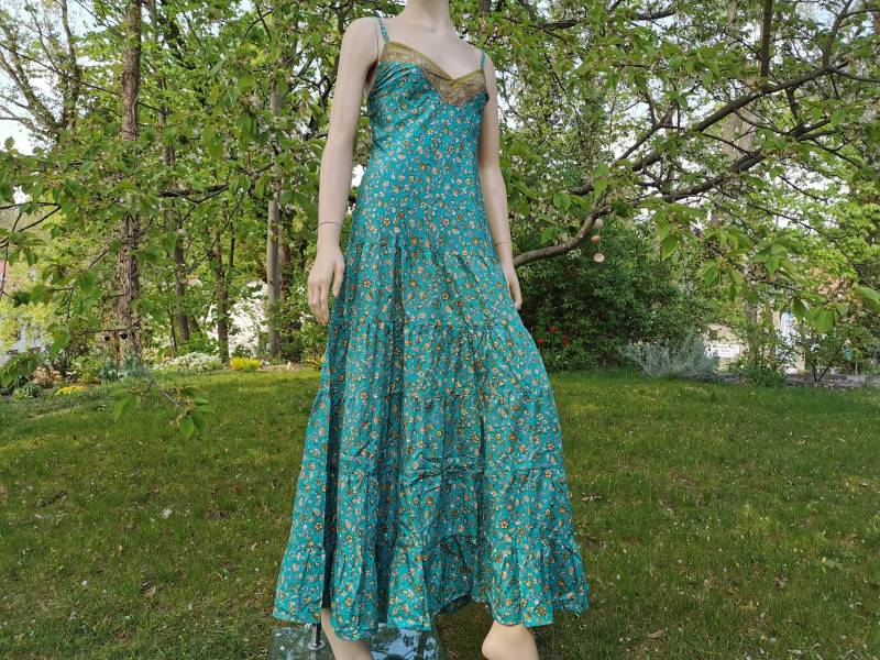 Sommerkleid Lang Weit S/M Oder L/xl Petrol Natur Geblümt Sari Kleid Psy Goa Ethno Boho Vegan Damen Ibiza Urlaub von SangmoLa