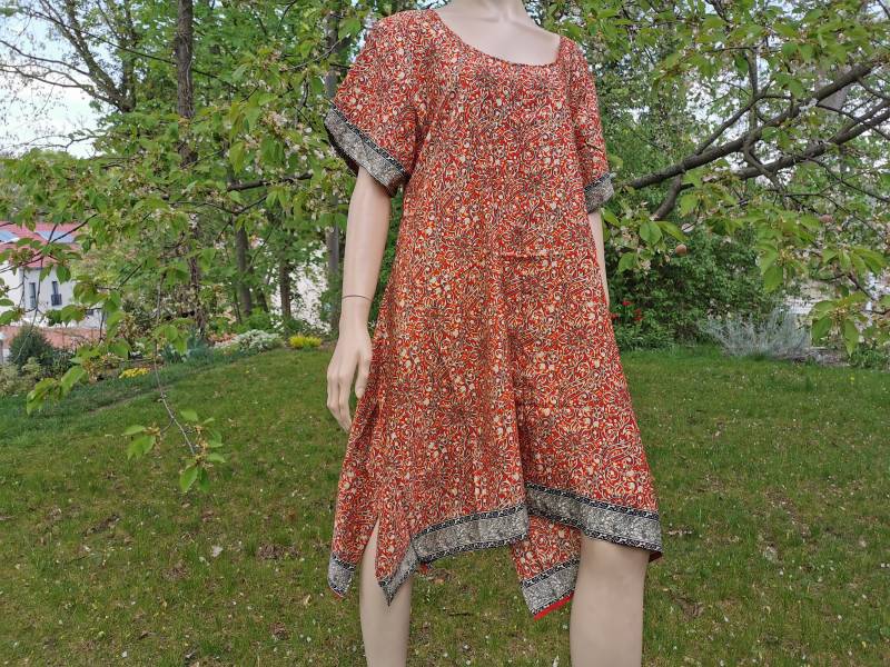 Tunika Kleid Saristoffe S/M Oder L/xl Damen Kurzer Halber Arm Ethno Boho Weit Lässig Bequem Sommerkleid Kurta Vegan Orange von SangmoLa