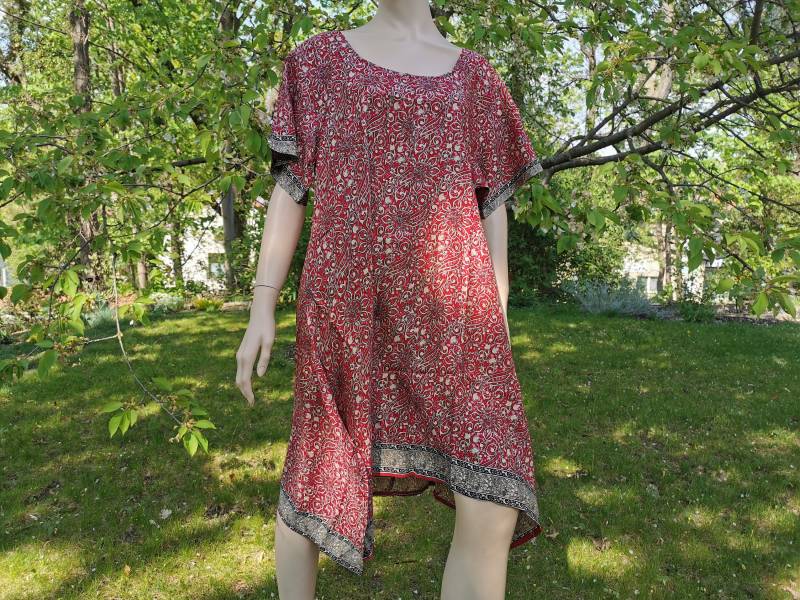 Tunika Kleid Saristoffe S/M Oder L/xl Damen Kurzer Halber Arm Ethno Boho Weit Lässig Bequem Sommerkleid Kurta Vegan Rot von SangmoLa
