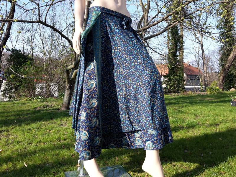 Wickelrock Saristoffe Maxirock Blau Petrol Gemustert Gr. 34 - 40 Lang Weit Schwingend Psy Goa Ethno Bohemian Boho von SangmoLa