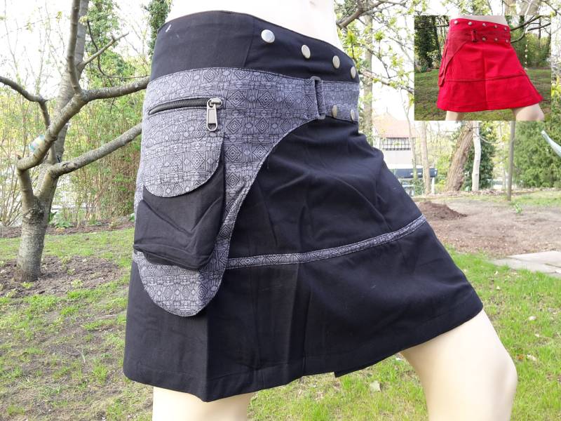 Wickelrock Taschenrock Druckknöpfe Gr. 34 - 40 Schwarz Rot Ethno Psy Goa Festival Minirock Kurzer Rock Stiefelrock von SangmoLa