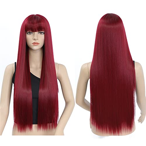 Perücke Rote Lang Gerade Perücke mit Pony für Damen, 30 Zoll Synthetische Kunstfaser Glatte Perücken für Frauen, Long Red Fringe Bangs Wig for Women von Sangrui