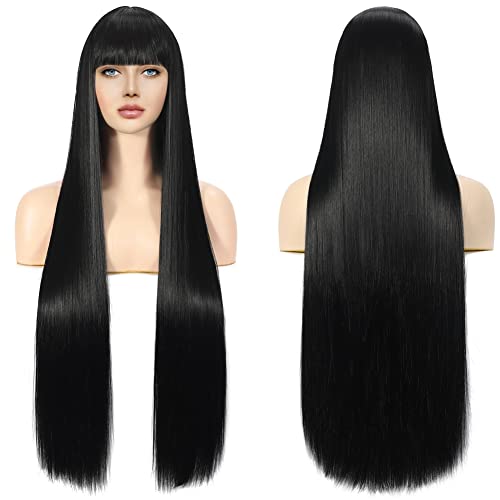 Perücke Schwarze Lang Gerade Wig für Damen, Synthetische Kunstfaser Glatte Perücken mit Pony für Frauen, 80 cm Long Straight Black Synthetic Wig with Fringe Bangs for Women von Sangrui