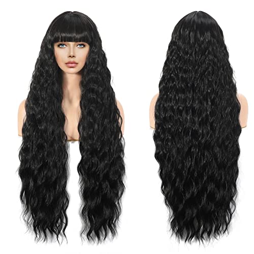 Perücke Schwarze Lang Lockige Wig für Damen, Synthetische Kunstfaser Locken Perücken mit Pony für Frauen, 76cm Long Curly Wave Black Synthetic Wig with Fringe Bangs for Women Perücke Schwarze Lang Lockige Wig für Damen, Synthetische Kunstfaser Locken Perücken mit Pony für Frauen, 76cm Long Curly Wave Black Synthetic Wig with Fringe Bangs for Women von Sangrui