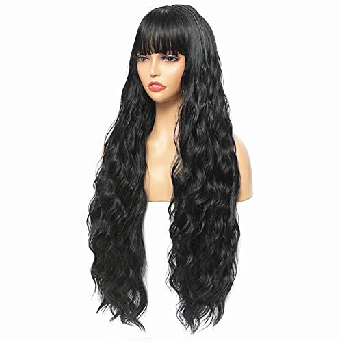 Perücke Schwarze Lang Lockige Perücken für Damen, Perücke mit Pony, Synthetische Kunstfaser Locken Perücken für Frauen, 75cm Curly Synthetic Wig with Fringe Bangs for Women von Sangrui
