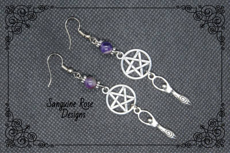 Amethyst Göttin Pentagramm Ohrringe, Silber Pagan Wicca Baumeln Ohrringe von SanguineRoseDesigns