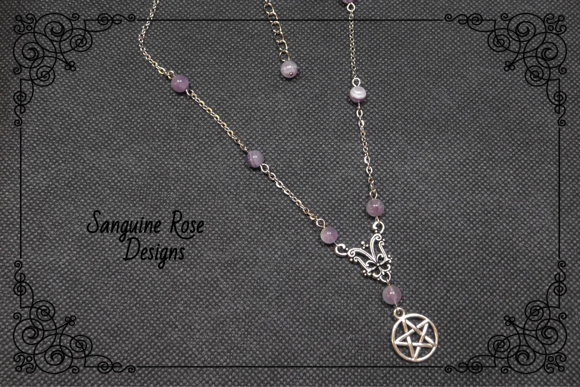 Amethyst Pentagramm Perlenkette Pagan Wicca Anhänger von SanguineRoseDesigns
