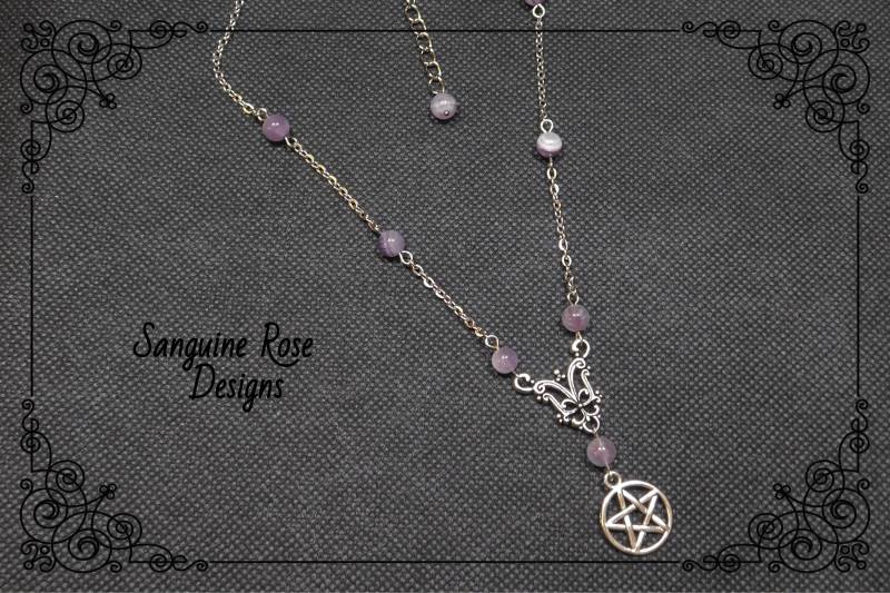 Amethyst Pentagramm Perlenkette Pagan Wicca Anhänger von SanguineRoseDesigns