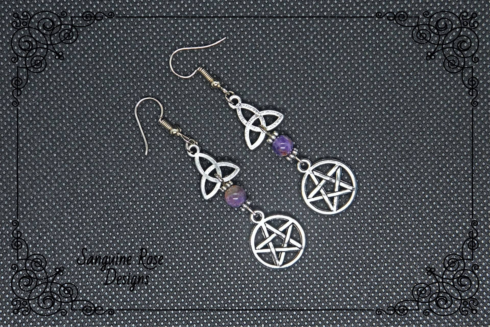 Amethyst Triquetra Pentagramm Pagan Wicca Ohrringe, Silber Clip Oder Durchbohrte Handgefertigte Ohrringe von SanguineRoseDesigns