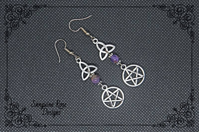 Amethyst Triquetra Pentagramm Pagan Wicca Ohrringe, Silber Clip Oder Durchbohrte Handgefertigte Ohrringe von SanguineRoseDesigns