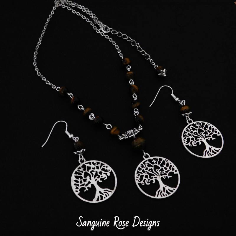 Baum Des Lebens Tigerauge Halskette Und Ohrringe Set, Schmuck Pagan Edelstein Ohrringe, Verstellbar von SanguineRoseDesigns