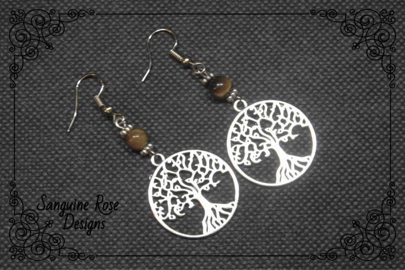 Baum Des Lebens Tigerauge Ohrringe, Pagan Wicca Ohrclips Oder Ohrhänger, Baumelnde Tropfen Ohrringe von SanguineRoseDesigns