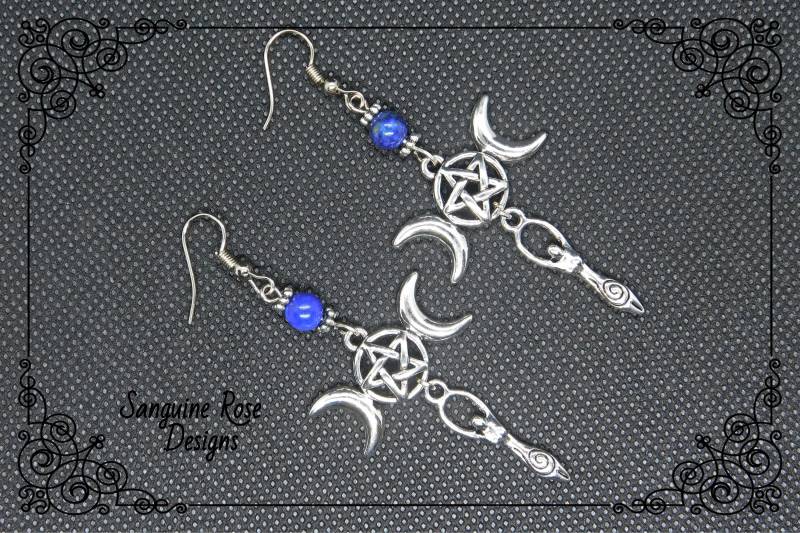 Dreifache Göttin Lapis Lazuli Ohrringe, Pagan Wicca Clip Oder Ohrhänger, Dreifach Mond Schmuck, Schmuck von SanguineRoseDesigns