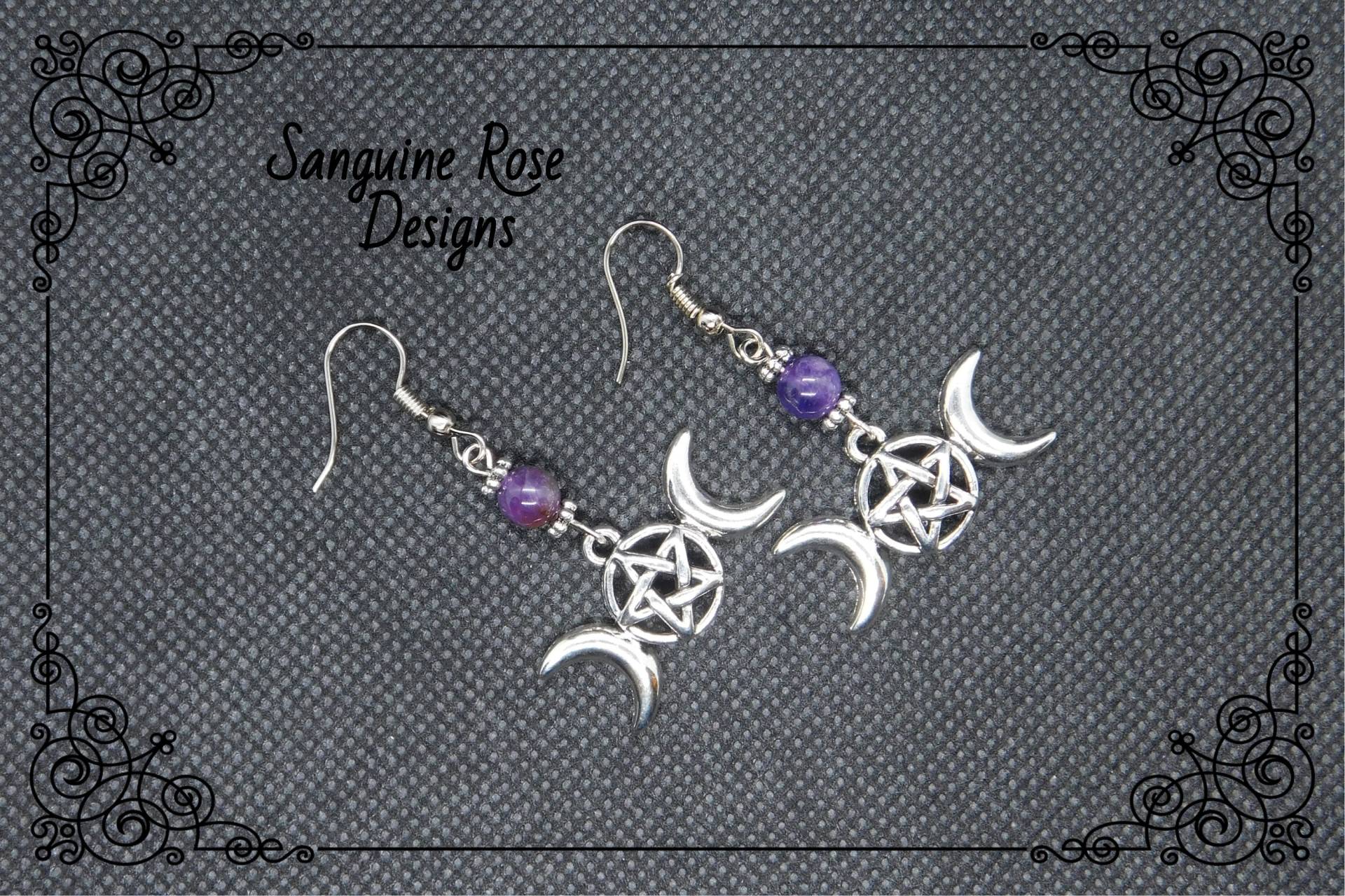 Dreifache Mond-Göttin Amethyst Ohrringe, Pagan Wicca Ohrclip Oder Durchbohrte Dreifaltige Göttin Schmuck, Dreifach Mond Schmuck von SanguineRoseDesigns