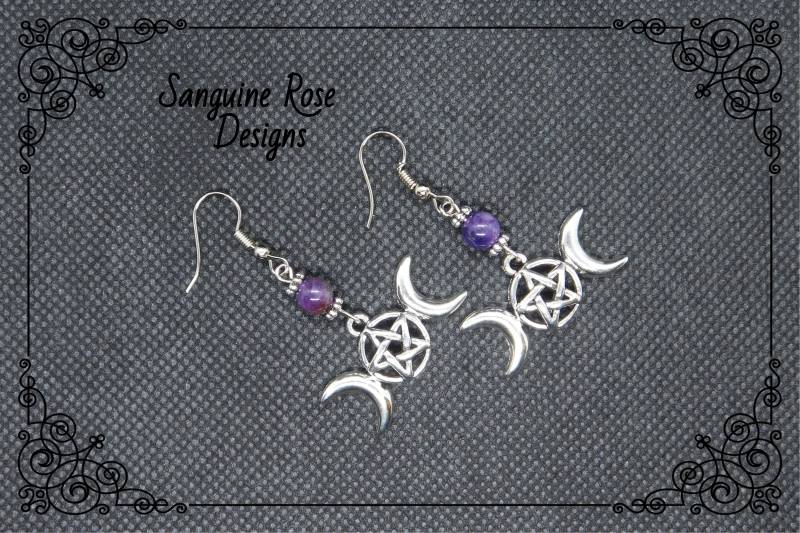 Dreifache Mond-Göttin Amethyst Ohrringe, Pagan Wicca Ohrclip Oder Durchbohrte Dreifaltige Göttin Schmuck, Dreifach Mond Schmuck von SanguineRoseDesigns