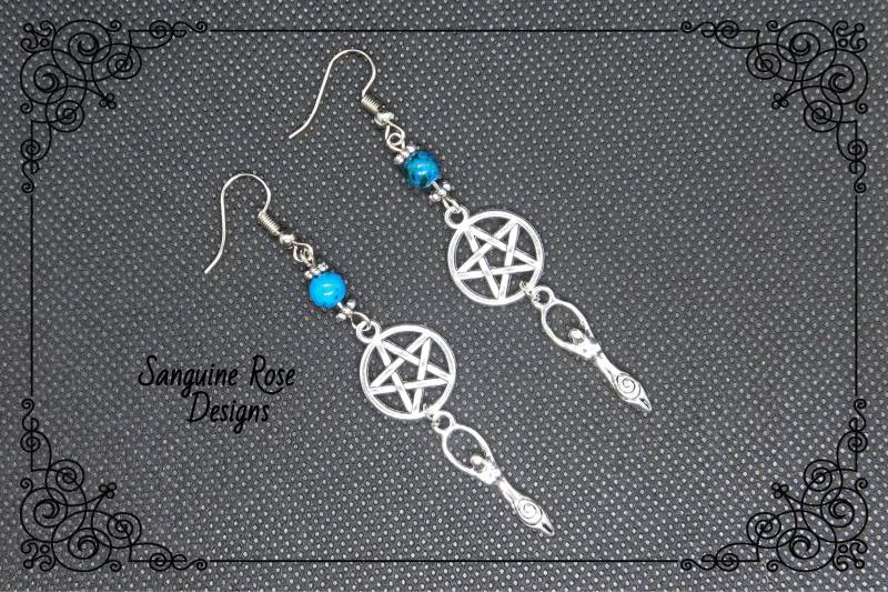 Göttin Pentagramm Ohrringe Chrysokoll, Pagan Wicca Baumeln Ohrringe von SanguineRoseDesigns