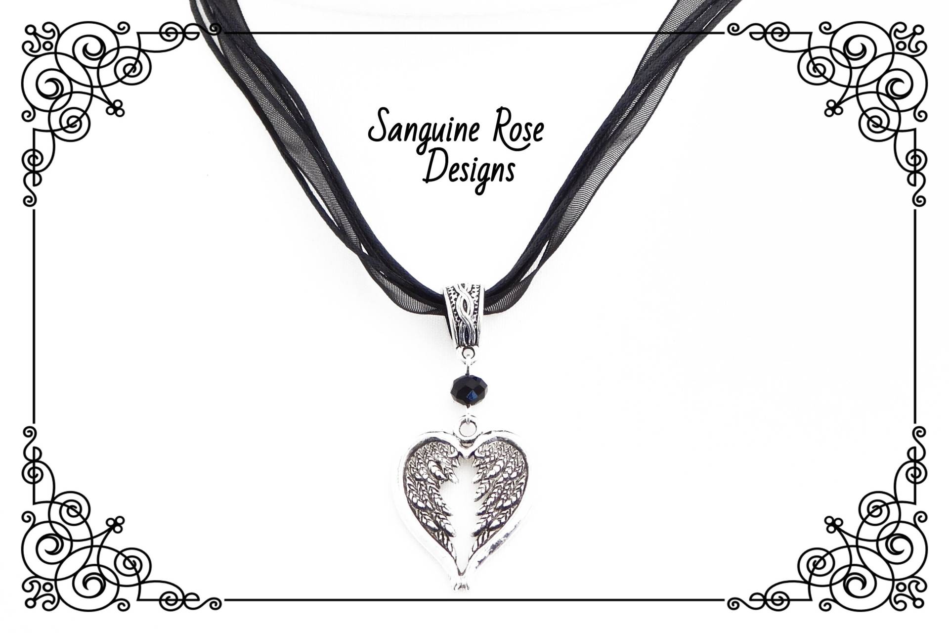 Herz-Engel-Flügel-Halskette, Erinnerungs-Halskette, Engelsflügel, Herz-Halskette, Schwarze Kordel-Halskette, Silbernes Herz, Mythisch von SanguineRoseDesigns