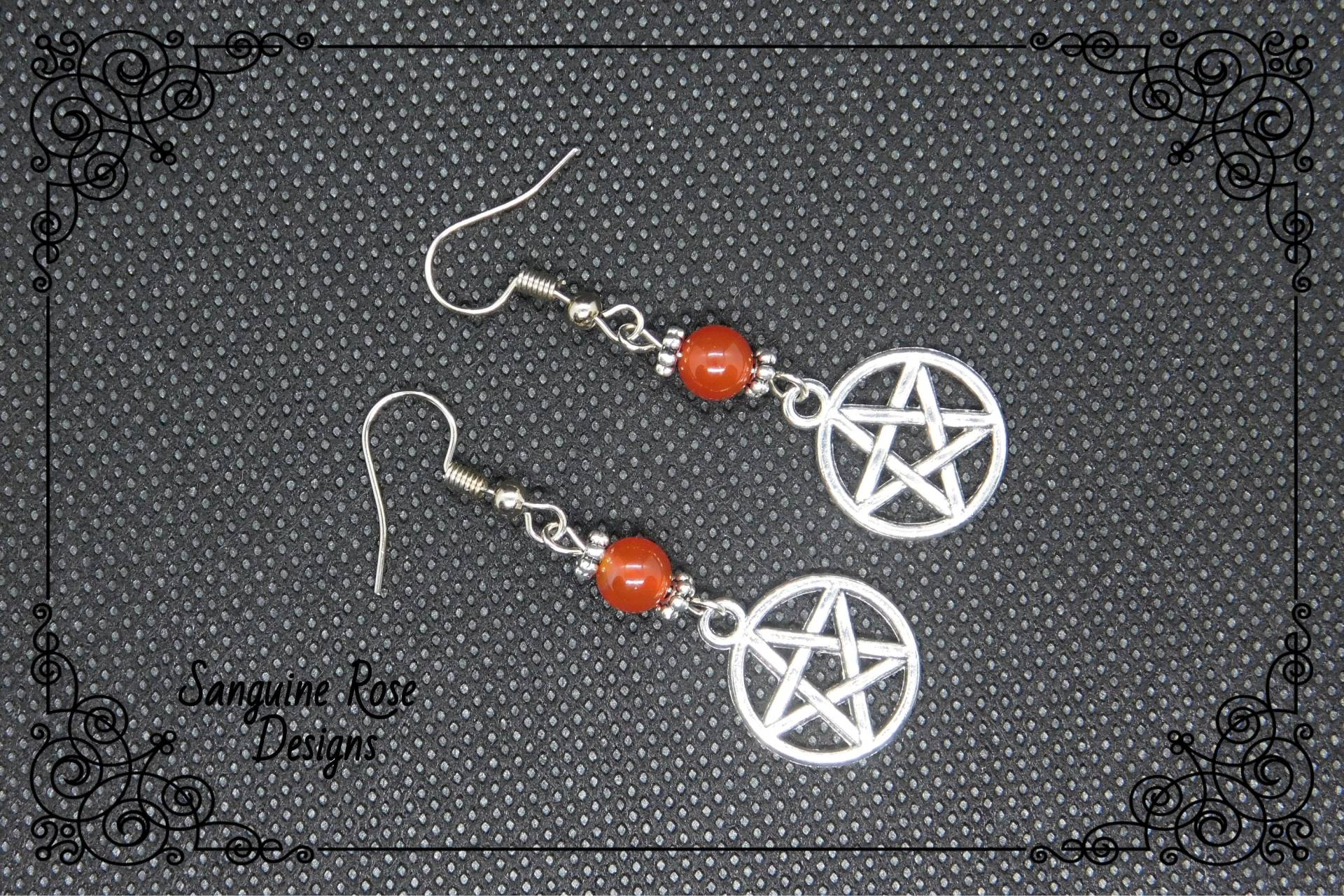 Karneol Pentagramm Ohrringe, Pagan Wicca Ohrclips Oder Ohrhänger, Silberohrringe, Charm Ohrringe von SanguineRoseDesigns