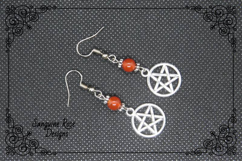 Karneol Pentagramm Ohrringe, Pagan Wicca Ohrclips Oder Ohrhänger, Silberohrringe, Charm Ohrringe von SanguineRoseDesigns
