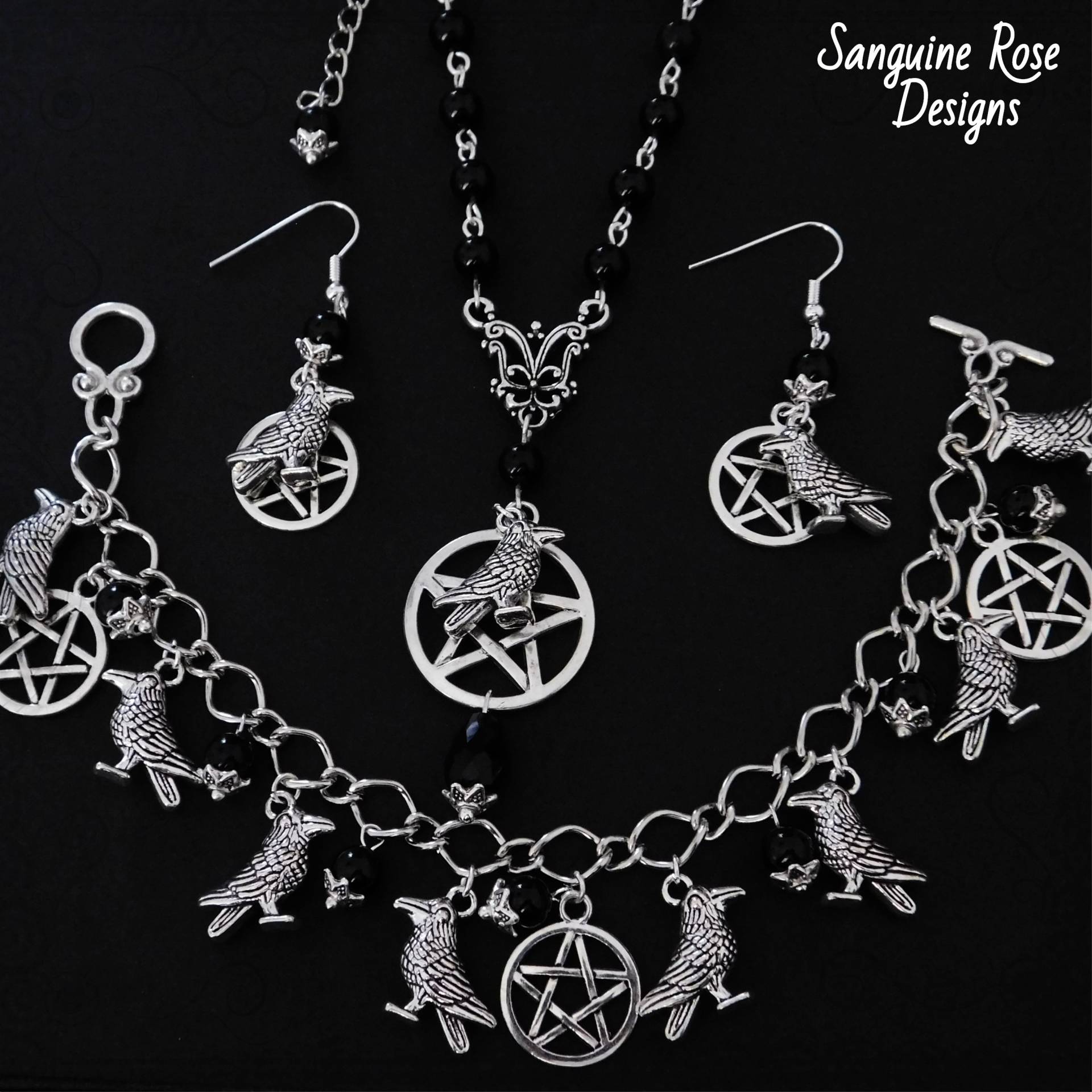 Onyx Raven Pentagram Schmuckset, Schwarzer Onyx Raven Pentagram Halskette, Armband & Ohrringe Set Pagan Wicca von SanguineRoseDesigns