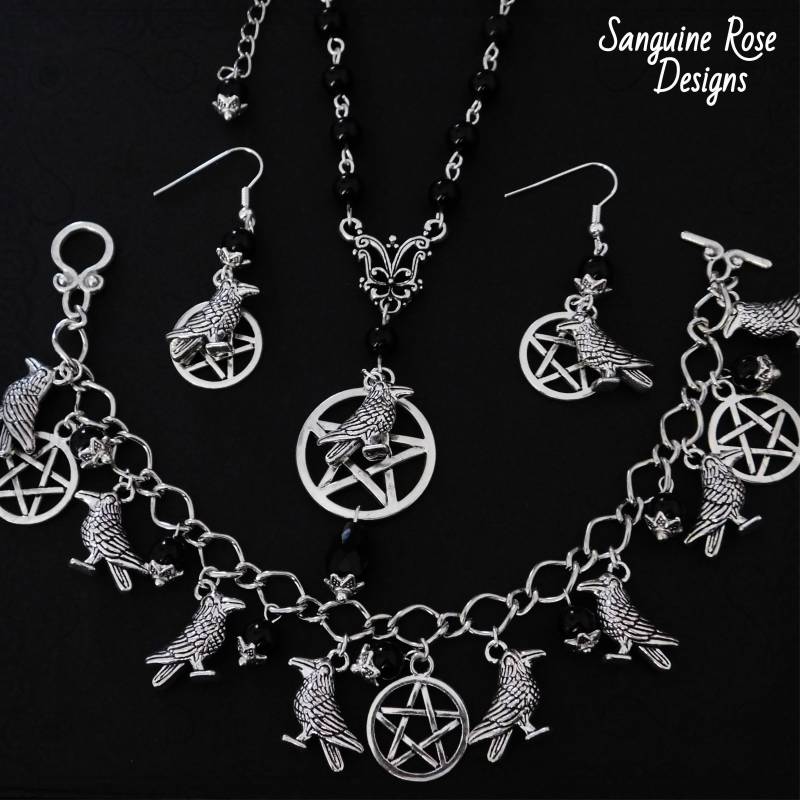 Onyx Raven Pentagram Schmuckset, Schwarzer Onyx Raven Pentagram Halskette, Armband & Ohrringe Set Pagan Wicca von SanguineRoseDesigns