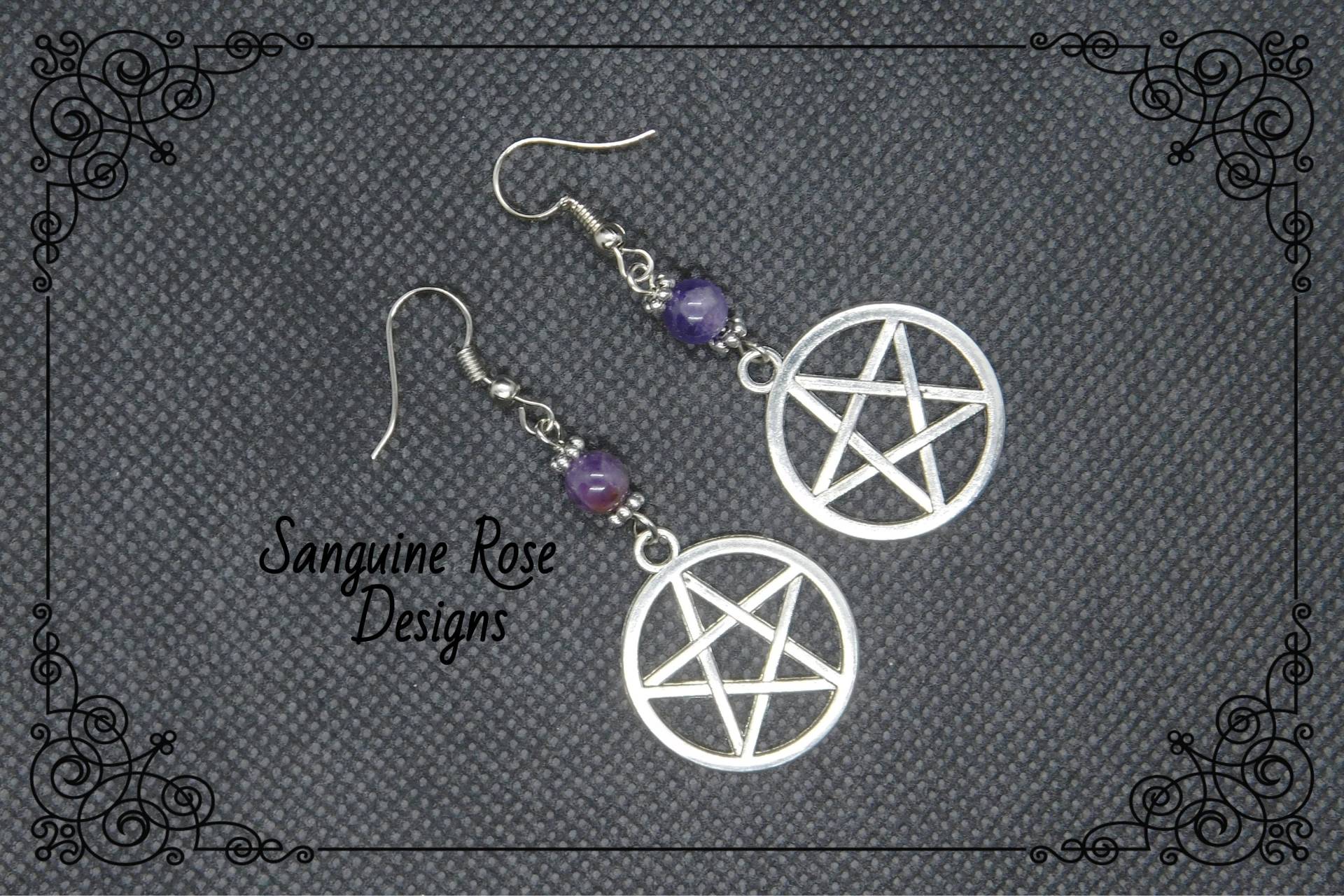 Pentagramm Amethyst Ohrringe, Pagan Wicca Ohrclips Oder Ohrhänger, Ohrringe, Anhänger Silber Ohrringe von SanguineRoseDesigns