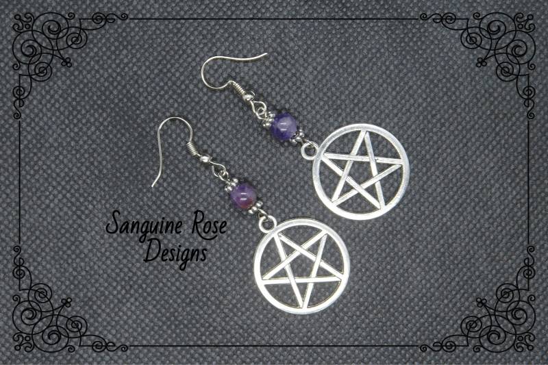 Pentagramm Amethyst Ohrringe, Pagan Wicca Ohrclips Oder Ohrhänger, Ohrringe, Anhänger Silber Ohrringe von SanguineRoseDesigns
