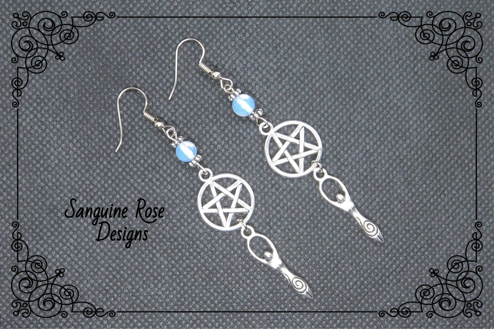 Pentagramm Göttin Mondstein Ohrringe, Pagan Wicca Schmuck von SanguineRoseDesigns