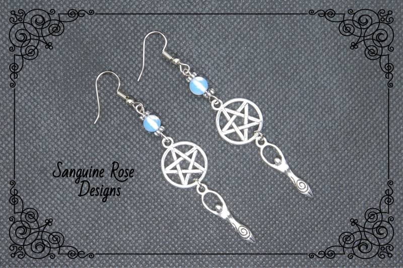 Pentagramm Göttin Mondstein Ohrringe, Pagan Wicca Schmuck von SanguineRoseDesigns