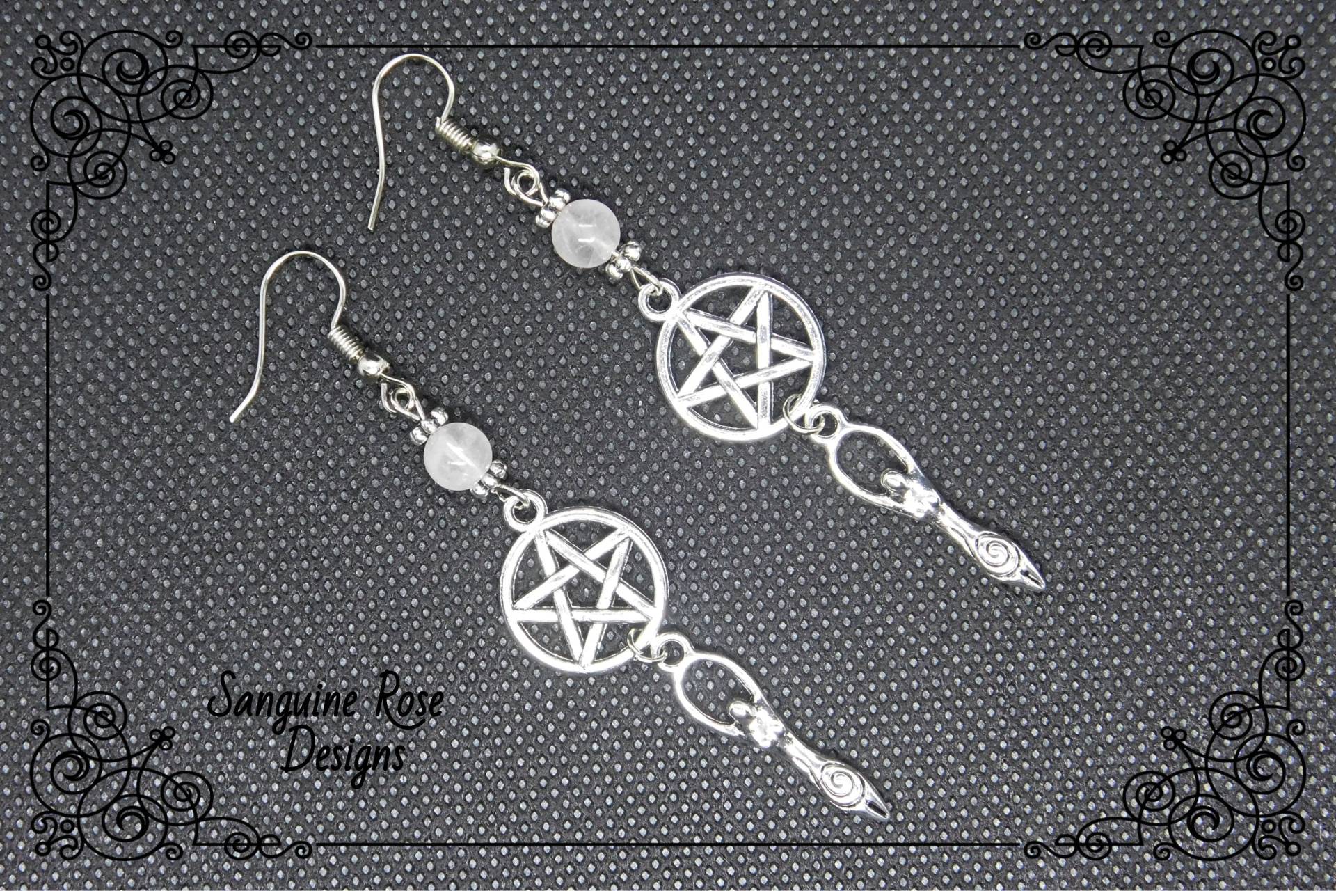 Pentagramm Göttin Rosenquarz Ohrringe Pagan Wicca Schmuck von SanguineRoseDesigns