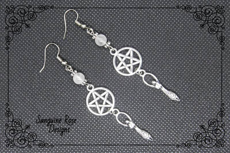 Pentagramm Göttin Rosenquarz Ohrringe Pagan Wicca Schmuck von SanguineRoseDesigns
