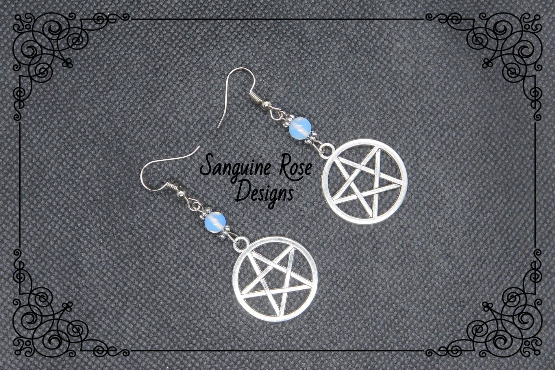 Pentagramm Mondstein Ohrringe Silber Pagan Wicca Schmuck von SanguineRoseDesigns