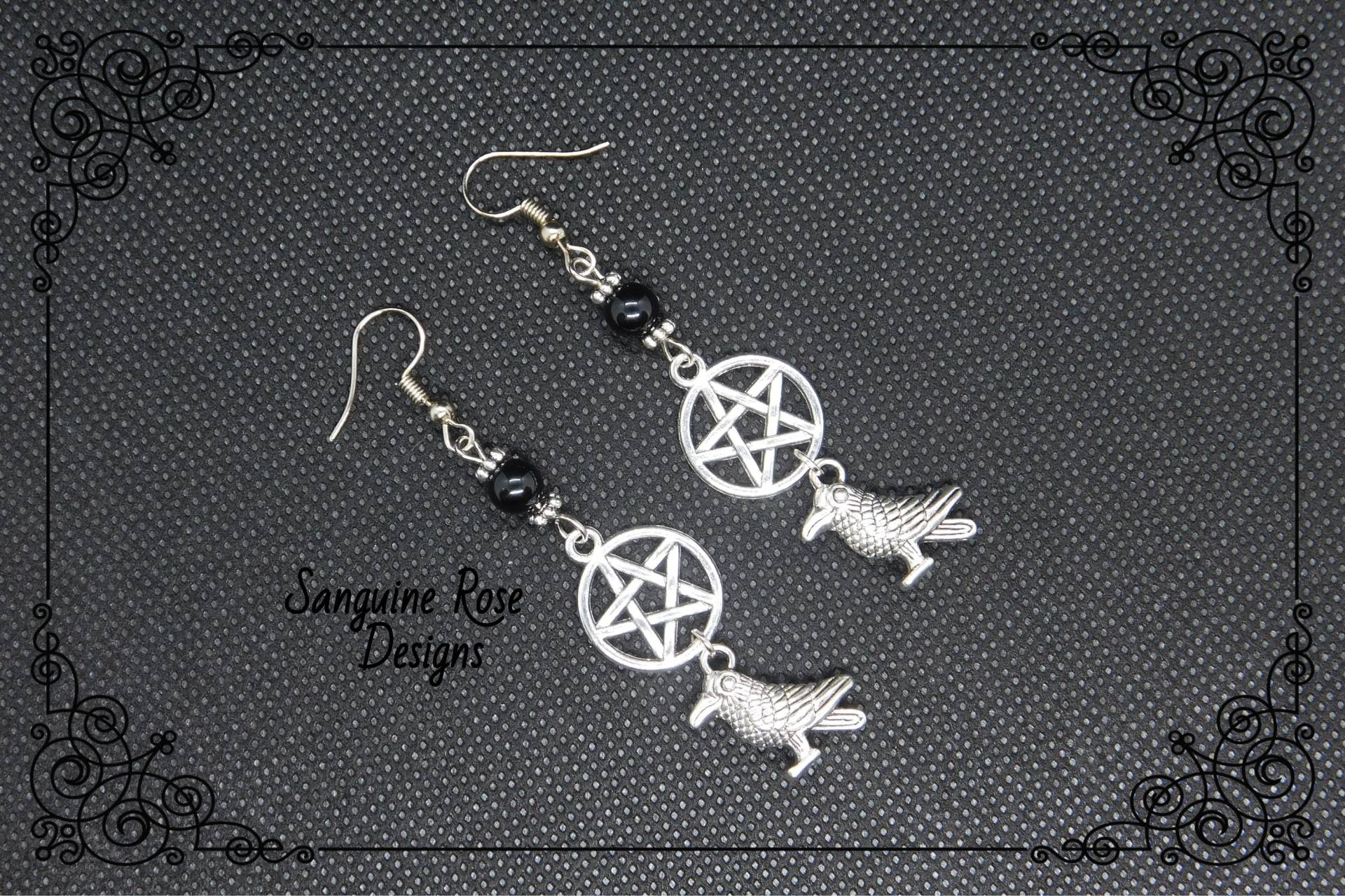 Raven Onyx Pentagramm Ohrringe, Schwarzer Onyx Ohrclips Oder Ohrhänger, Gothic Rabenohrringe, Pagan Pentagramm Rabenohrringe von SanguineRoseDesigns