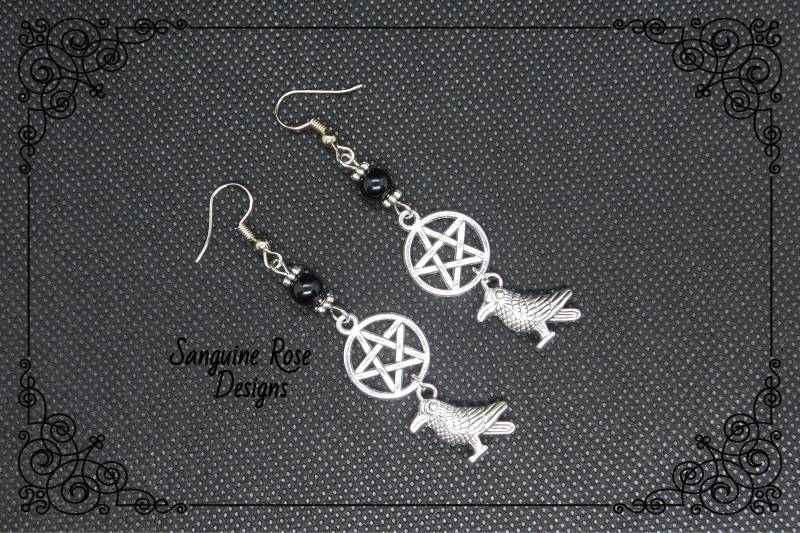 Raven Onyx Pentagramm Ohrringe, Schwarzer Onyx Ohrclips Oder Ohrhänger, Gothic Rabenohrringe, Pagan Pentagramm Rabenohrringe von SanguineRoseDesigns