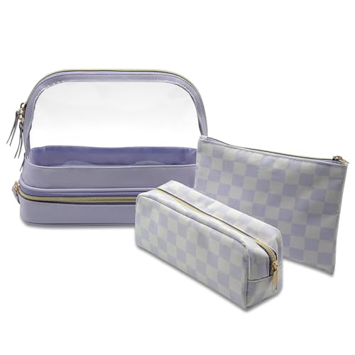 Sangula·Valley Makeup Tasche 3pcs, Doppellagig Transparent Kosmetiktasche Organizer, Damen Kulturbeutel, Reiseutensilien (Violett) von Sangula·Valley