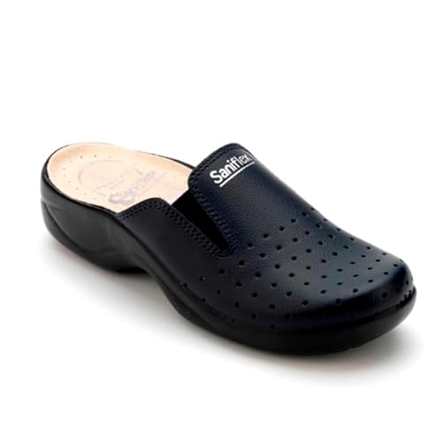Saniflex 621-10 Zertifizierte Medizinische Lederschuhe Clog Pantolette Komfortschuhe Hausschuhe, Damen, Blau, EU 38 von Saniflex