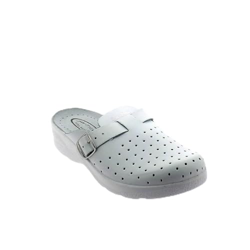 Saniflex 89831-10 Zertifizierte Medizinische Lederschuhe Clog Pantolette Komfortschuhe Hausschuhe, Damen, Weiß, EU 41 von Saniflex